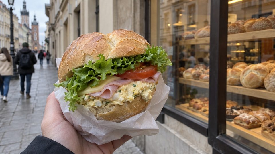 Un bocadillo de panadería con pasta de huevo, jamón y lechuga delante de una panadería de Cracovia