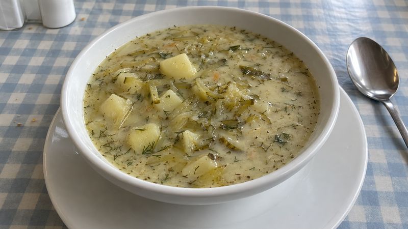 Ogórkowa served in a Polish milk bar
