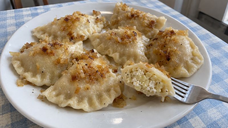 Pierogi ruskie served in a Polish milk bar