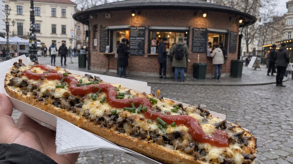 A mushroom and cheese zapiekanka with ketchup held in front of the round market hall on Plac Nowy